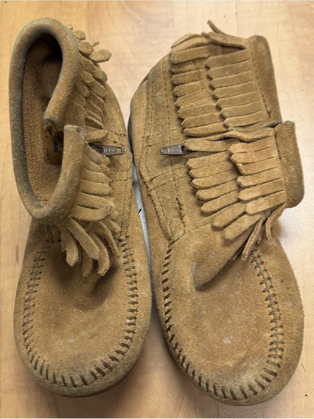 🪶 Minnetonka Fringe Suede Moccasin Boots Girls Size 1 Leather Brown